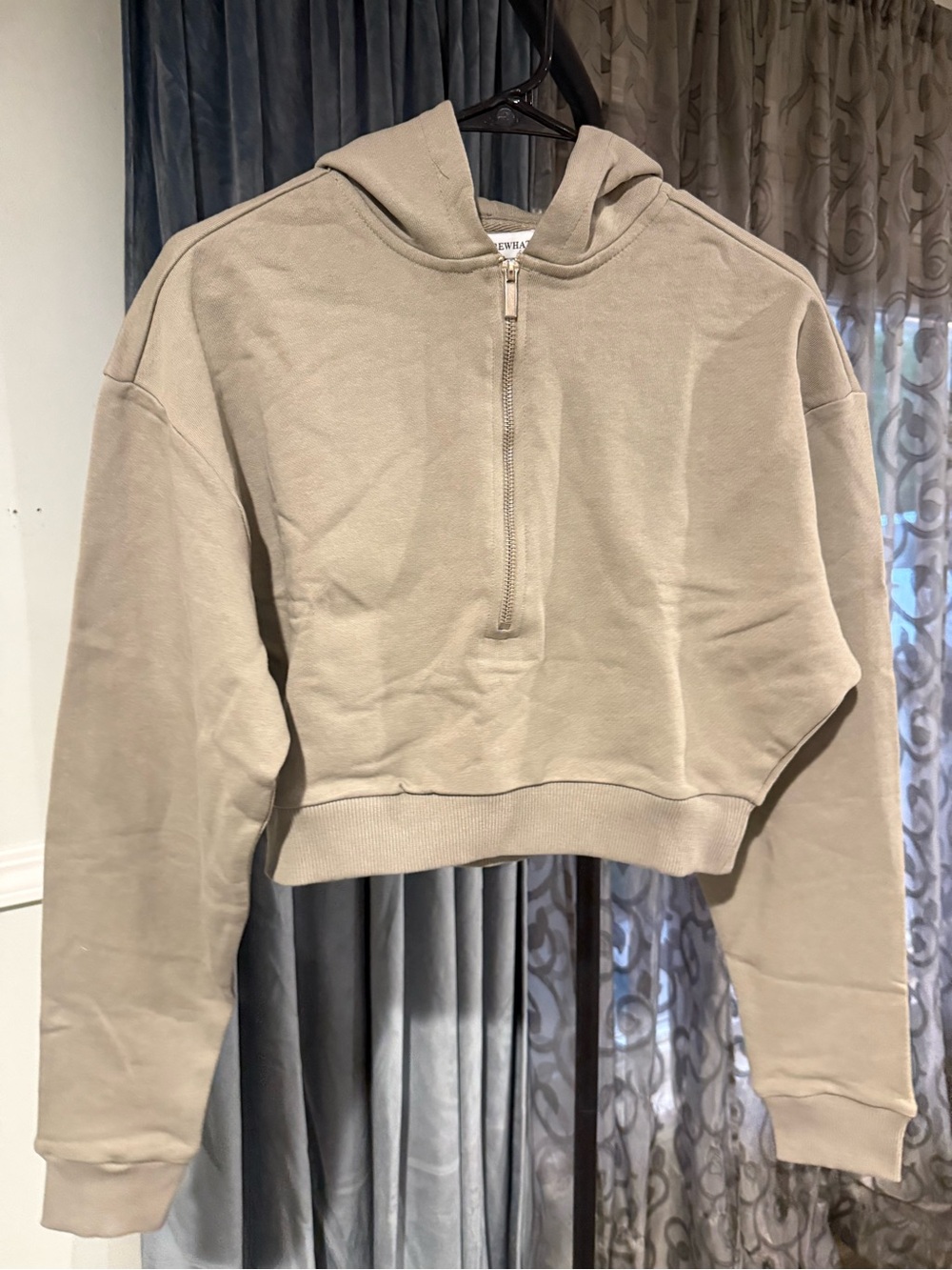 WeWoreWhat Cropped Half-Zip Hoodie Sweater - Taupe